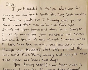 Hand written review 1 about Dr. Olivia Hart & Virginia Biological Dentistry by Patients in Glen Allen, VA